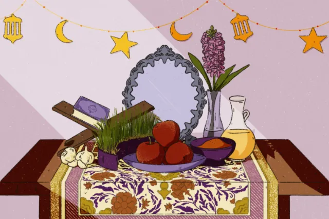 Ramadan table with dates, garlic, herbs, and decorative lanterns by Heedayah Lockman