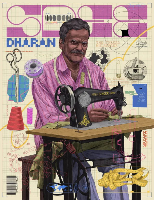 Tailor using Singer sewing machine with sewing tools by Muhammed Sajid