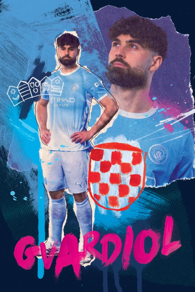 Illustration of footballer Gvardiol in Manchester City kit with Croatian shield by Ben Tallon