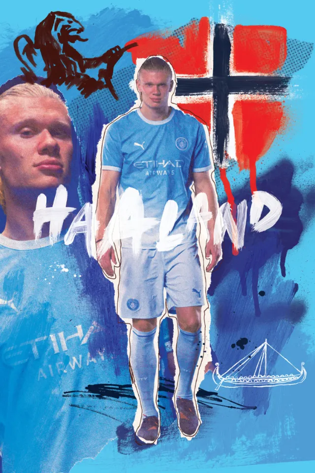 Illustration of Erling Haaland in Manchester City kit with Norwegian flag background by Ben Tallon