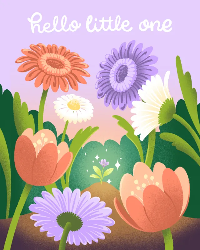 Colorful whimsical flowers with hello little one text by Alissandra Seelaus