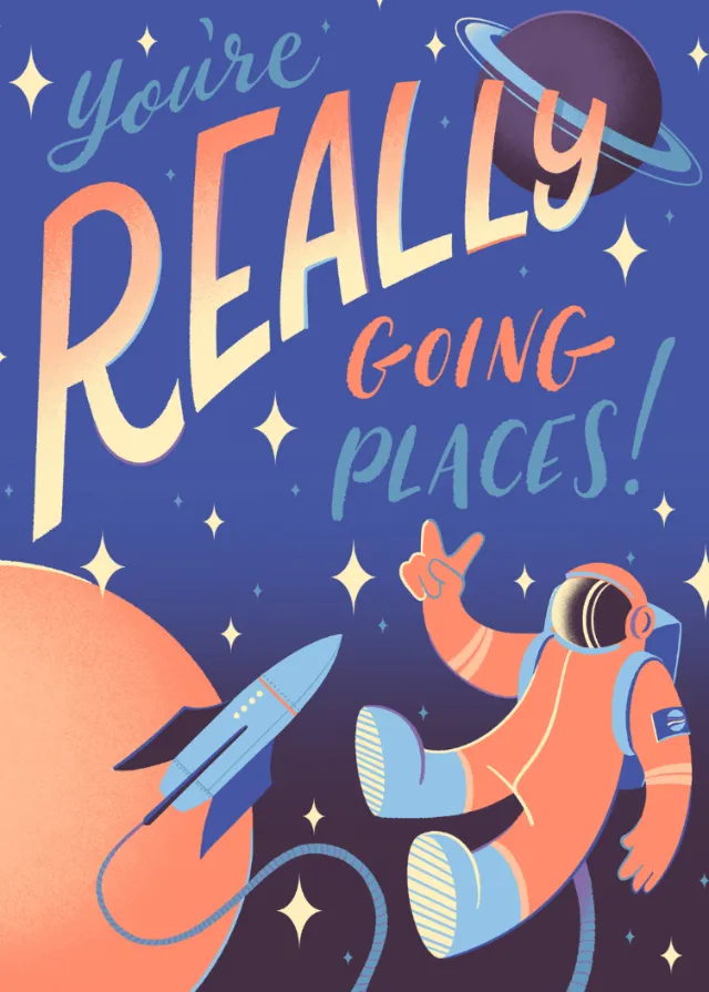 Kid-friendly astronaut floating in space with retro planets and spaceship by Alissandra Seelaus