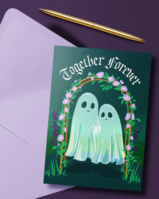 Illustration of two ghosts under a floral wreath with 'Together Forever' text by Alissandra Seelaus