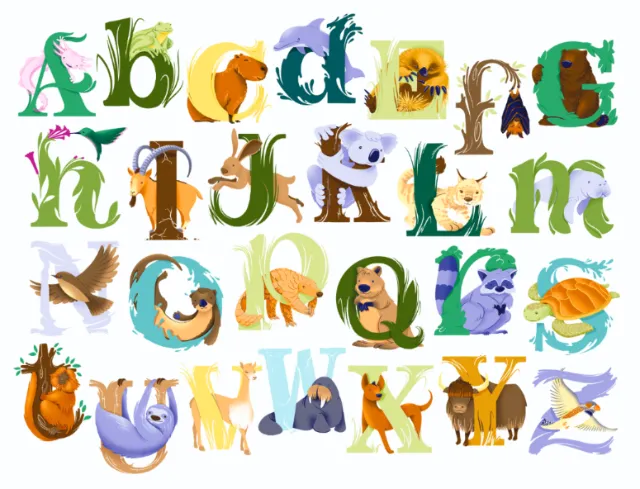 Hand-lettered alphabet featuring unique animals like axolotl and capybara by Alissandra Seelaus