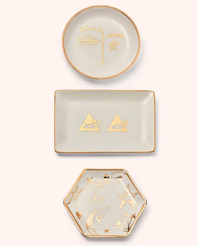Minimalist ceramic plates with gold line art and shapes by Nadia Flower