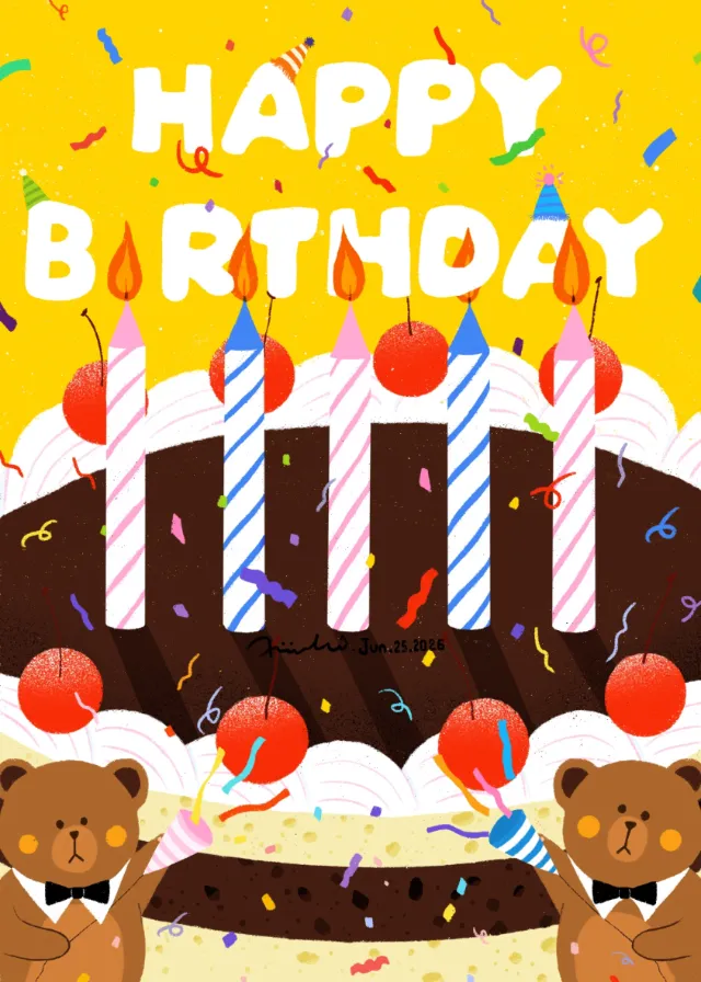 Birthday cake with lit candles and bears celebrating by Xinping Li
