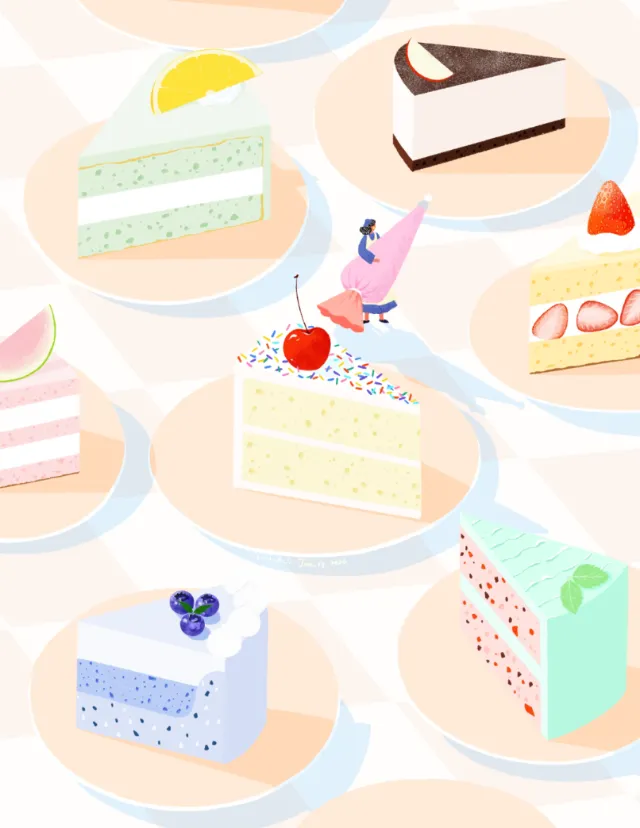 Various colorful cake slices with small figure on cherry, by Xinping Li