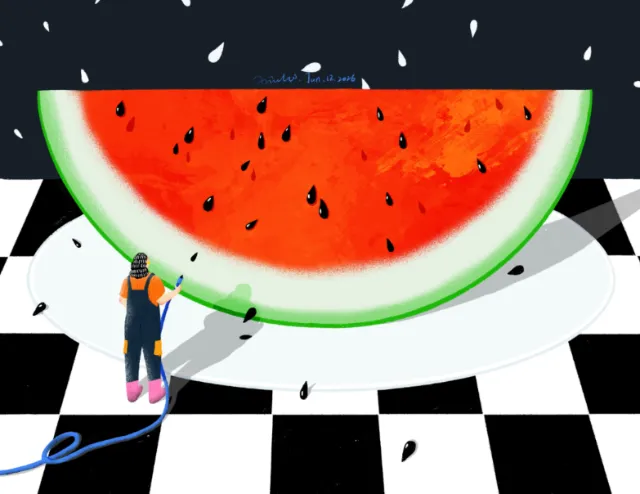 Person watering a large watermelon slice on checkered floor by Xinping Li