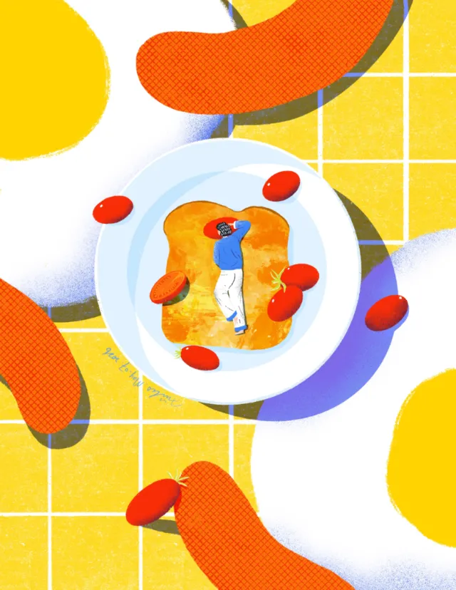Illustration of toast with tomatoes on a white plate, by Xinping Li