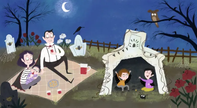 Cartoon vampire family picnic in graveyard under moonlight by Dalia Awad