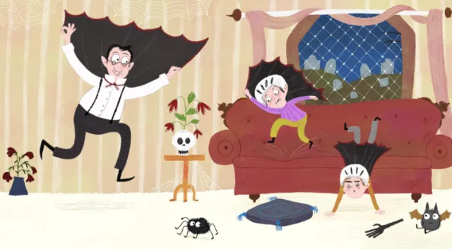 Animated scene of playful man jumping and children on couch by Dalia Awad
