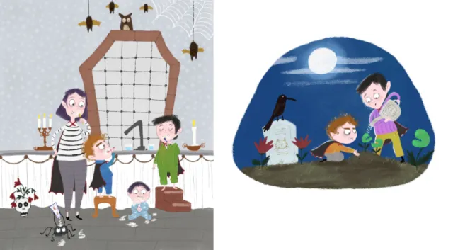 Children playing with magical creatures under a spider web and full moon by Dalia Awad