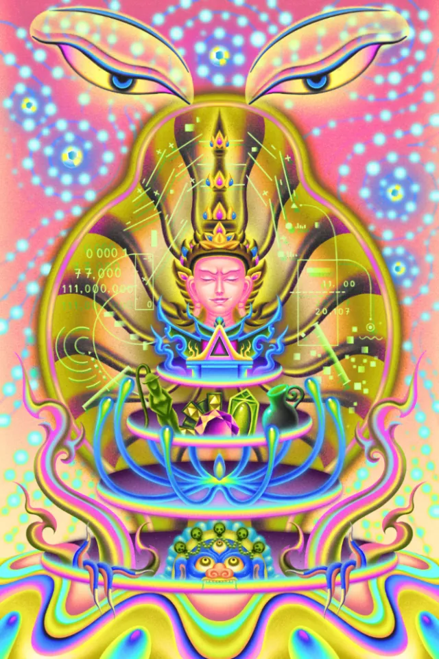 Psychedelic meditating figure with lotus forms by Wenjing Yang