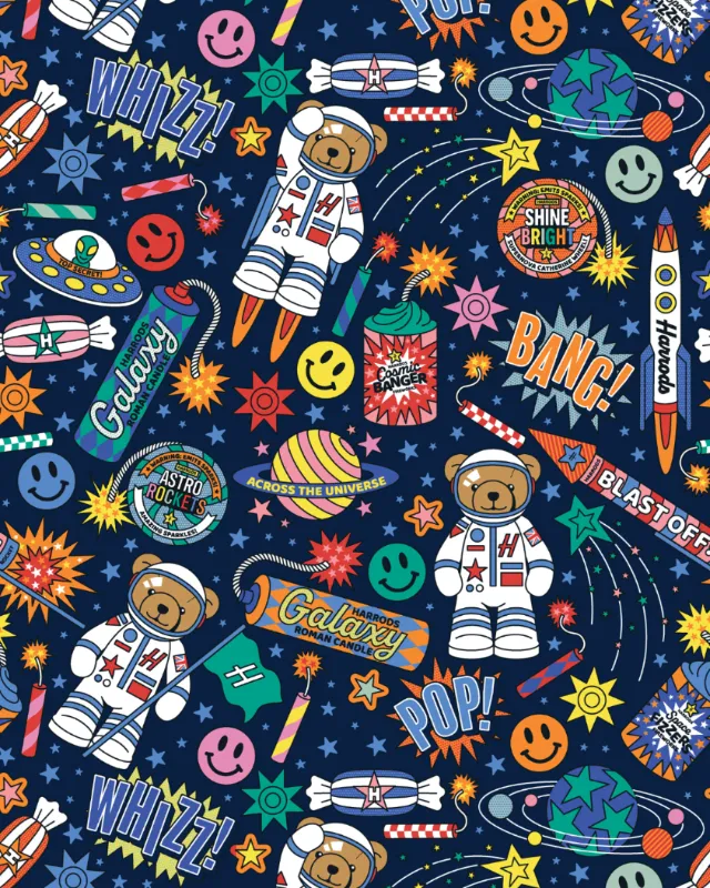 Astronaut bears in space with planets and comic style text by Season of Victory