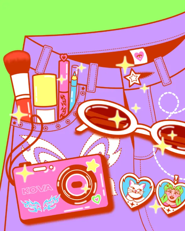 Colorful summer accessories including camera and sunglasses by Marina Procházka