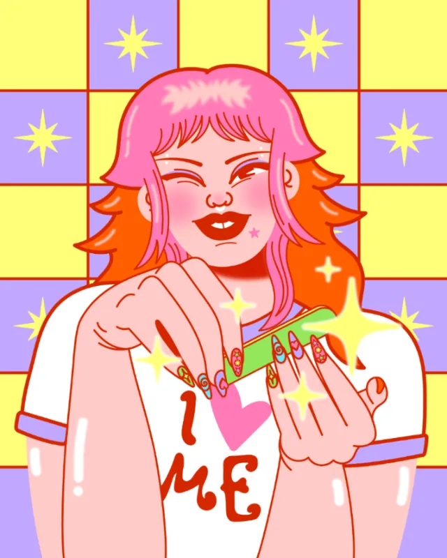 Illustration of person with pink hair applying nail polish by Marina Procházka
