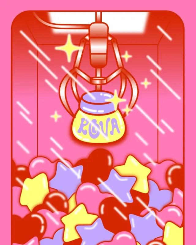 Claw machine grabbing a jar labeled Rova by Marina Procházka