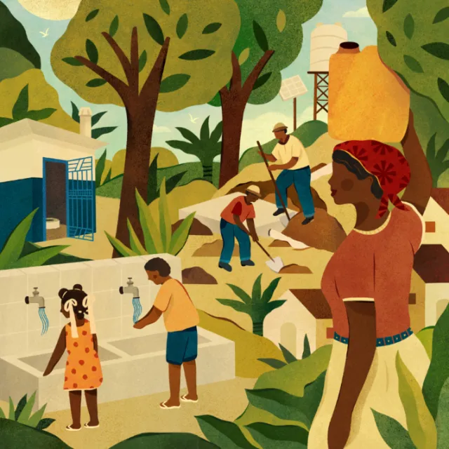 Village scene with people collecting water and children drinking, artwork by Barbara Tamilin