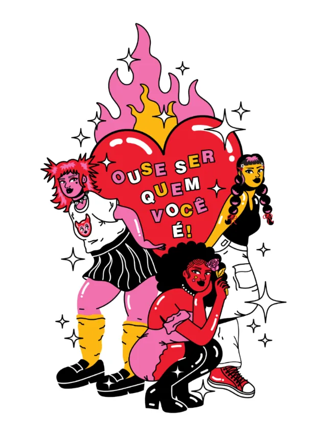 Illustration of flaming heart with Portuguese text and three diverse figures standing nearby by Mari