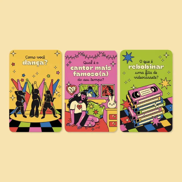 Three colorful illustrated cards by Marina Procházka with dancing, singing, and books