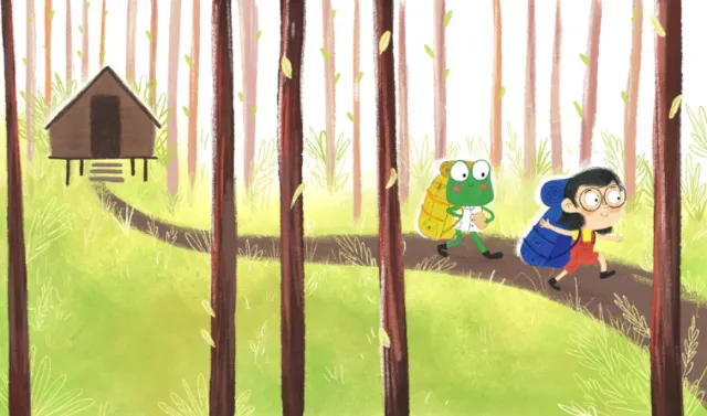 Illustration by Dalia Awad of children and a green companion in a forest