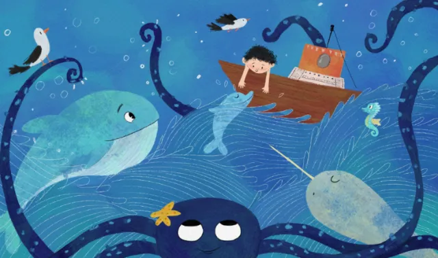 Dalia Awad illustration of a child exploring a whimsical underwater world with whales and fish.