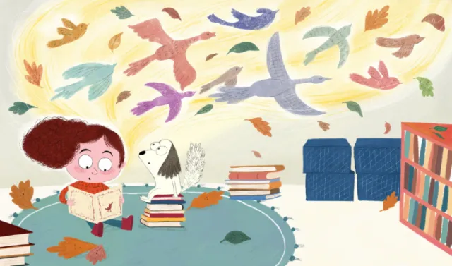 Dalia Awad illustration of a child reading with a dog in a colorful library