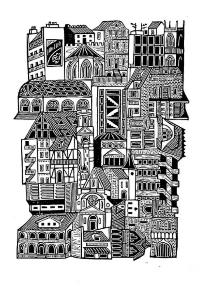 Burin and Plate linocut depicting a dense collage of 28 buildings