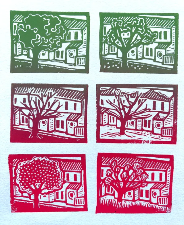 Seasonal house landscapes in linocut by Burin and Plate
