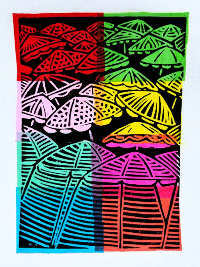 Multicolored parasol linocut print by Burin and Plate