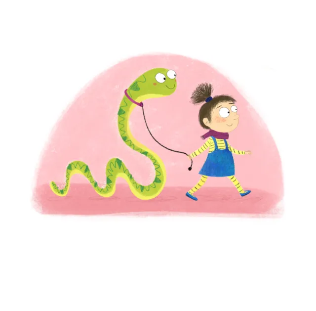 Dalia Awad illustration of a girl walking a friendly green snake