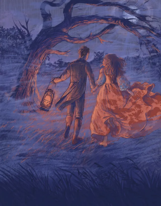 Roma Gavrila illustration of a couple crossing misty moors