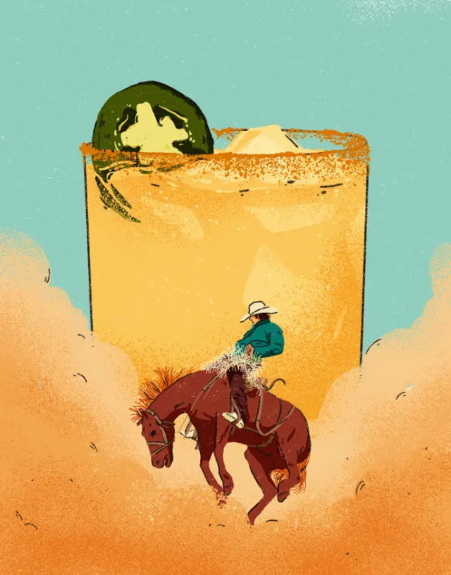 Heedayah Lockman illustration of a cowboy riding beneath a giant glass of orange drink