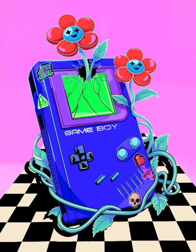 Game Boy artwork by Heymoonly Dale with flowers and checkerboard floor