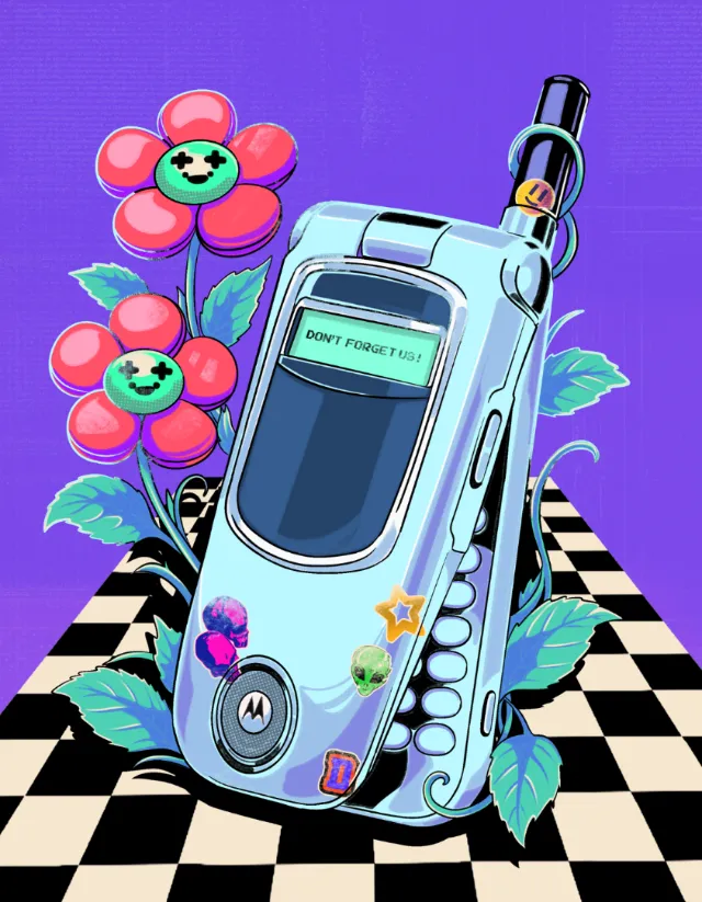 Game Boy-inspired artwork by Heymoonly Dale with flowers and checkerboard floor