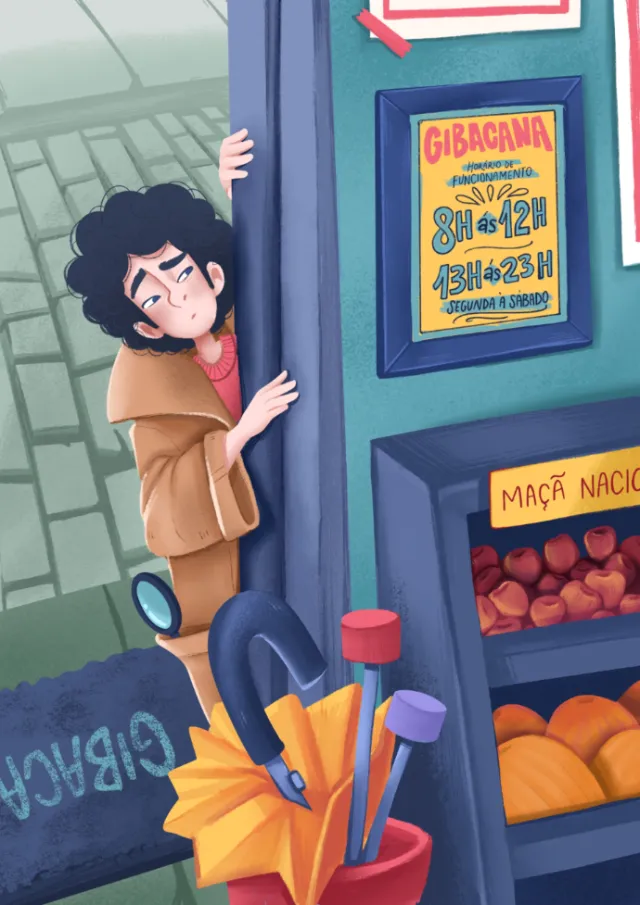 Carol Rempto illustration of a child peeking into a local market