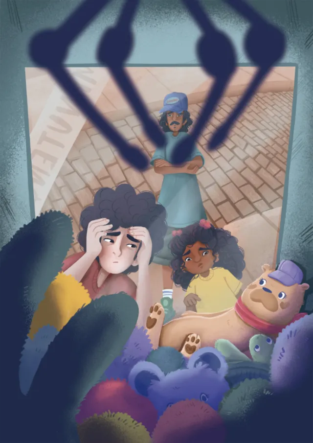 Illustration by Carol Rempto showing people peering into a claw machine