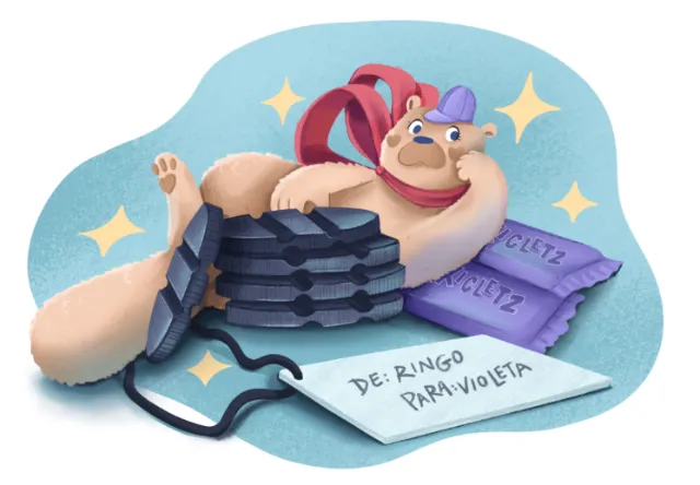 Carol Rempto illustration of a plush otter with ribbon, bubblegum, and arcade tokens