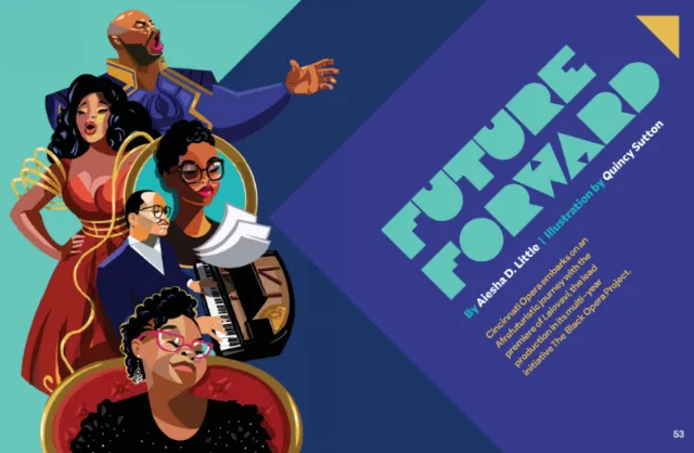 Quincy Sutton illustration for Future Black, showing diverse Black figures in vibrant colors.