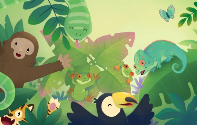 Rainforest animals illustrated by Shiane Salabie, including a toucan, monkey, chameleon, and parrot