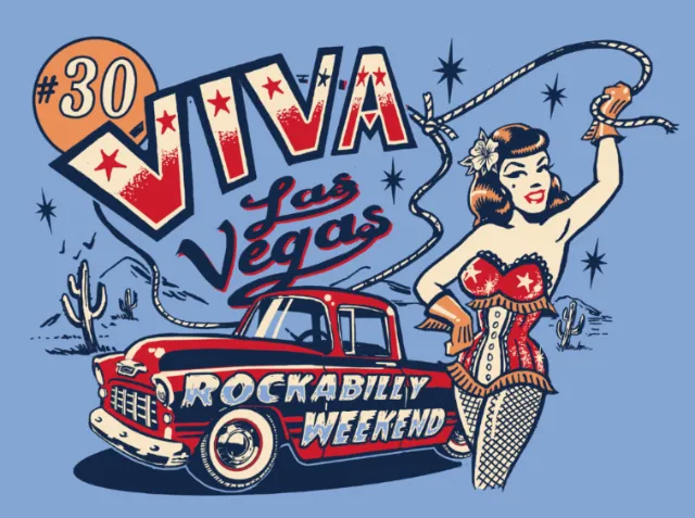 Vince Ray rockabilly illustration with a pin-up performer and vintage car