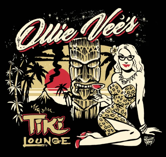 Vince Ray illustration of a woman beside a carved tiki at Ollie Vee's Tiki Lounge
