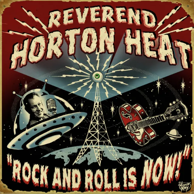 Vince Ray illustration of a Reverend Horton Heat rock poster with a UFO, guitar, and radio tower