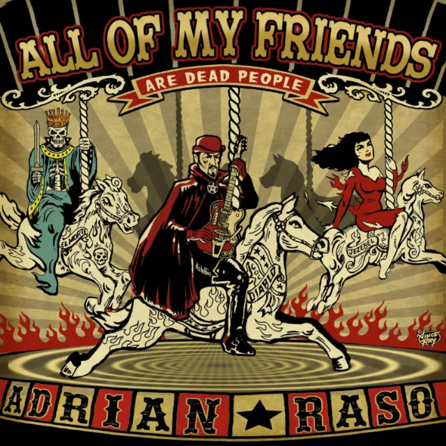 Artwork by Vince Ray showing a skeletal rider with horses, flames, and ornate lettering.