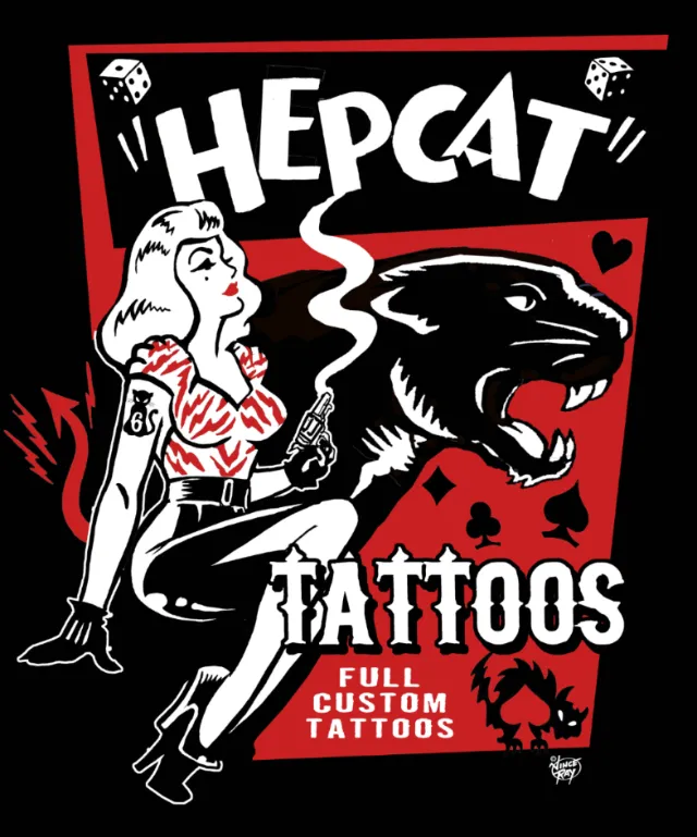 Vince Ray tattoo poster featuring a woman and roaring black panther