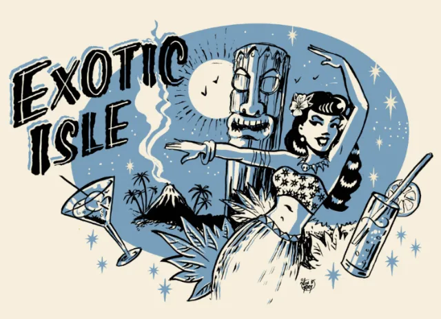 Vince Ray illustration of a dancing woman and robot on Exotic Isle