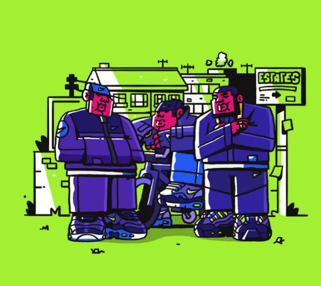 Mpumelelo Bhengu illustration of three people standing outside a building
