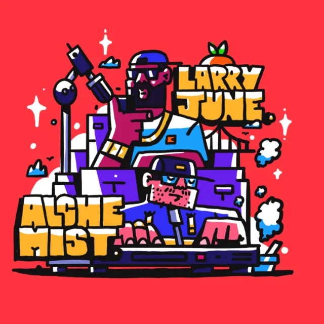 Colorful Larry June illustration by Mpumelelo Bhengu with bold lettering and instruments