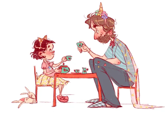 Amandine Dugon illustration of a child and bearded adult having tea with a rabbit