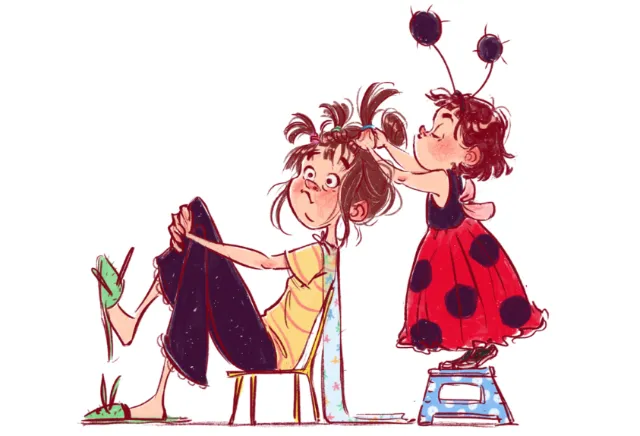 Amandine Dugon illustration of two red-haired girls creating together
